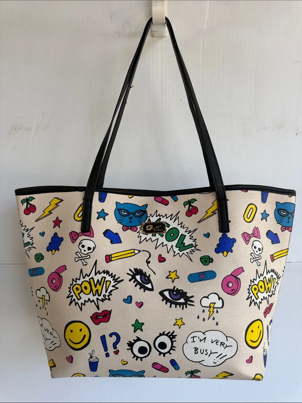 BETSEY JOHNSON COMIC GRAFFITI TOTE BAG POW MEOW SKULLS CATS LOVE LARGE PURSE